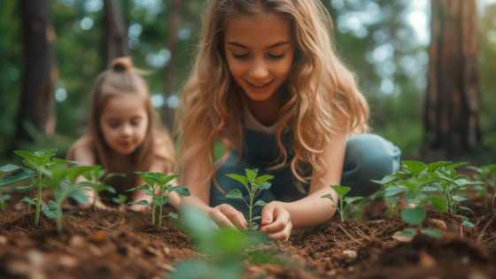 Meisje plant een plantje in de aarde